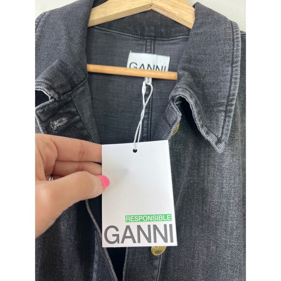 NWT Ganni Short Sleeves Collared Denim Washed Black Mini Dress Size: 10 - Picture 5 of 9